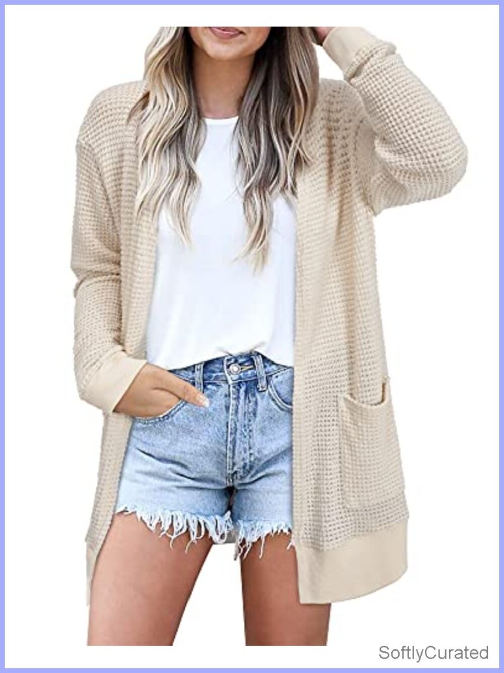 Lightweight Open Front Cardigan Sweater with Pockets Waffle Knit Beach Coverup